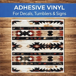 May include: Adhesive vinyl for decals, tumblers, and signs. The design features a repeating pattern of geometric shapes in black, red, and beige against a white background. The design has a distressed, rustic appearance.