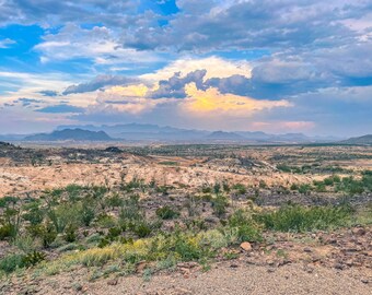Puede incluir: Una vista panorámica de un paisaje desértico con una cadena montañosa distante en el fondo. El cielo es de un azul vibrante con nubes blancas esponjosas y una gran nube blanca brillante en el centro. En primer plano, hay una variedad de plantas y arbustos del desierto.