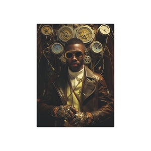 May include: A man wearing a brown leather jacket and sunglasses stands in front of a steampunk-inspired background with gears and clocks.