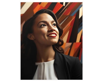 May include: A woman with dark brown hair and a black blazer looks up with a smile. She is standing in front of a colorful abstract background.