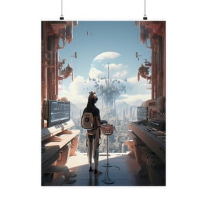 以下が含まれることがあります： 中央に巨大で複雑な構造物を持つ未来都市。ヘッドセットとバックパックをつけた人物が、コンピューターモニターとコントロールパネルのある部屋に立っている。部屋には街を見渡せる大きな窓がある。