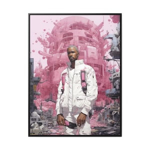 May include: A man wearing a white jacket with pink accents stands in front of a pink and gray futuristic cityscape.