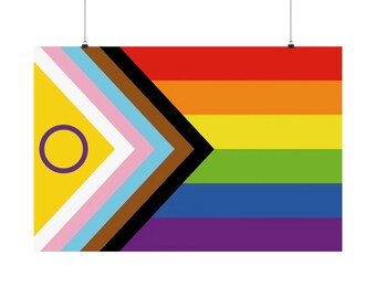 May include: A pride flag with a yellow triangle containing a purple circle with a yellow circle inside. The flag has stripes of pink, light blue, brown, black, red, orange, yellow, green, blue, and purple.