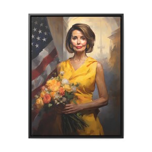 May include: A framed portrait of a woman in a yellow dress holding a bouquet of flowers. The American flag is in the background. The artwork is a painting with a black frame.