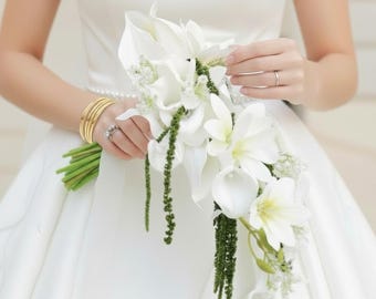 Cascading White Calla Lily Bridal Bouquet – Artificial Magnolia Calla Wedding Flowers