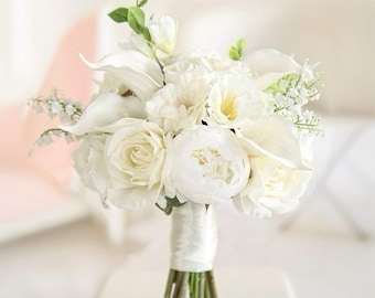 Silk Calla Lily Wedding Bouquet: White Orchid & Babys Breath