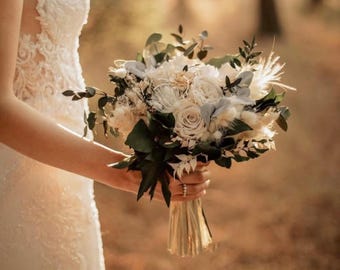 White Preserved Rose Bridal Bouquet / Bridesmaid Ivory& Green Bouquet/ Boho Wedding flowers/Dried Flowers/ Rustic Wedding Flower