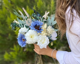 Ramo de novia blanco azul, ramo de flores secas, ramo de dama de honor, flor de boda, flor de novia, ramo de novia azul