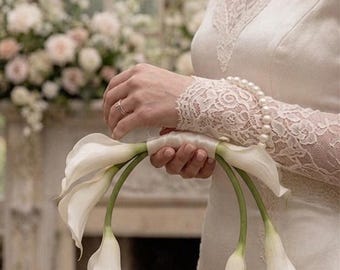 Mini beaded pearl wedding bridal bouquet flowers made with calla lilies for brides or bridesmaids Faux flowers