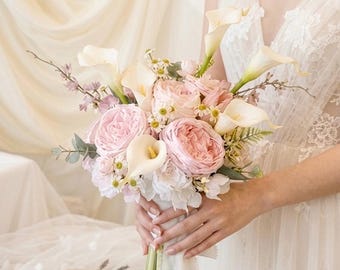 Faux Wildflower Pink Bridal Bouquet: Pink Dahlia Daisy Artificial Flowers, Colorful Spring Summer Wedding Bouquets, Boutonnieres, Corsages