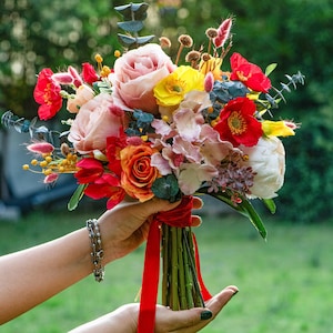 Artificial Wildflower Bridal Bouquet, Colorful Orange Hot Pink Wedding Bouquet, Spring Summer Bouquets, Dahlia, Ranunculus, Poppy, Daisies