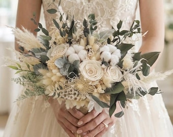 White Sage Green Dried Flower Wedding Bouquet, Eucalyptus Bridal Posy