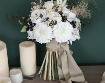 Ivory Classic Eucalyptus Bridal Bouquet, Rustic Boho Flower Bouquet,