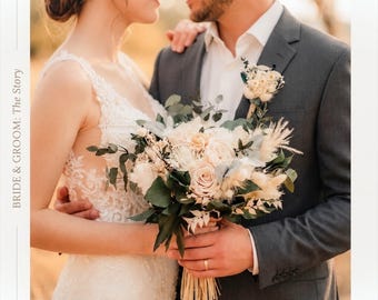 Ivory White Dried Flower Bridal Bouquet with Preserved Roses, Elegant Boho Rustic Wedding Flowers