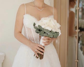 White Rose and Eucalyptus Bridal Bouquet