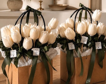 Personalized wedding favor tulip candle with bamboo stem - soy wax tulip candle for weddings and other celebrations - registry office