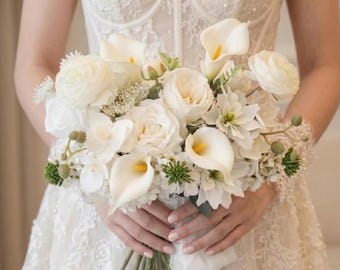 Artificial Bridal Bouquet: White Green Flowers, Amaranth, Orchid, Summer Wedding
