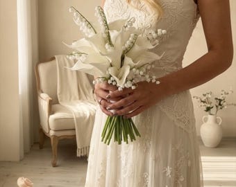 Lily of the Valley Wedding Bouquet: Rustic Calla Bridal Bouquets, Artificial Flower, Corsage, Boutonniere, Wedding Accessories Flower