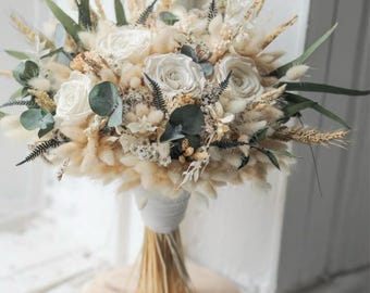 Ivory Beige Dried Flower Bridal Bouquet With Preserved Flowers For Rustic Wedding Details