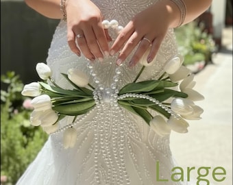 Pearl Handle White Tulip Bridal Bouquet – Wedding Purse Bouquet Bag, 2025 Modern Bridal Trend