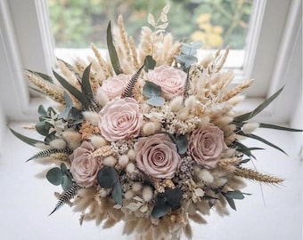 Blush & Ivory Preserved Rose Round Bridal Bouquet - Neutral Dried Flower Wedding Bouquet