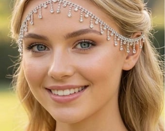 Delicate Crystal Head Chain | Boho Bridal Hair Chain | Wedding Forehead Headpiece | Bohemian Festival Hair Jewelry | Dainty Layered Rhinesto