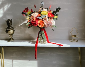 Artificial Wildflower Bridal Bouquet: Orange, Pink, Blue Faux Flowers