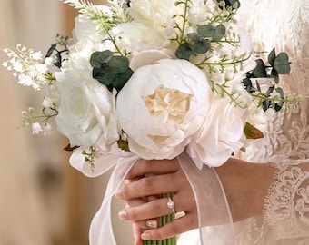 Real-Touch White Rose Carnation Eucalyptus Bridal Bouquet | Classic Wedding Flowers