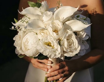Silk Calla Lily Wedding Bouquet: White Orchid  Babys Breath