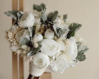 White Silk Flower Wedding Bouquet Rose  Modern Bridal Bouquet