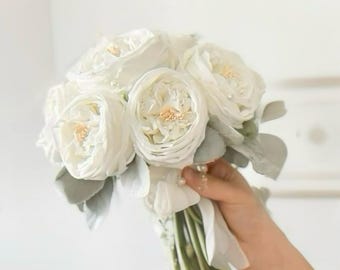 Silk Peony & Rose Bouquet: White Wedding Flower