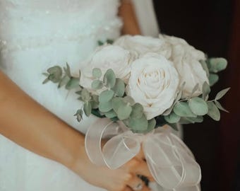Sage White Rose Bridal Bouquet: Rustic Boho Eucalyptus Wedding