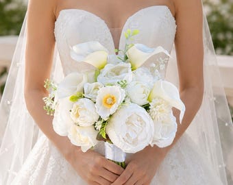 Silk Calla Lily Wedding Bouquet: White Orchid Babys Breath