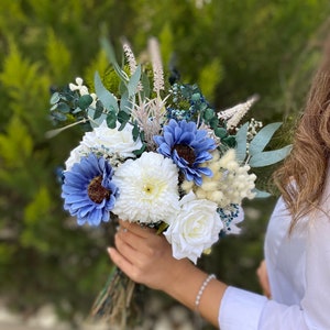 Bouquet de mariée bleu blanc, bouquet de fleurs séchées, bouquet de demoiselle d'honneur, fleur de mariage, fleur de mariée, bouquet de mariée bleu