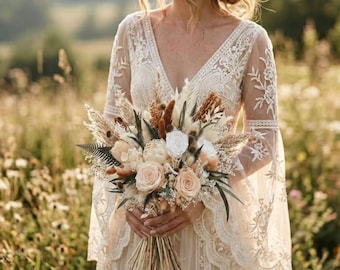 Blush Pink & Ivory Dried Flower Bridal Bouquet with Preserved Roses, Boho Rustic Wedding Bouquet, Romantic Wedding Flowers