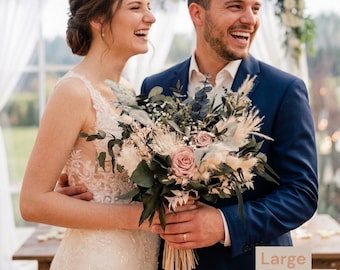 Blush Pink & Ivory Dried Flower Bridal Bouquet with Preserved Roses, Boho Rustic Wedding Bouquet, Romantic Wedding Flowers