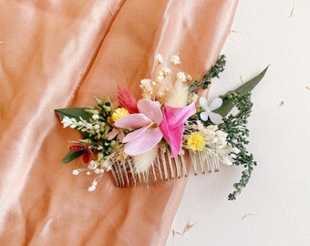 Colorful Bridal Hair Comb, Dried Flower Wedding Accessory, Boho Wedding Comb Set ,Summer Comb, Colorful corsage and boutonniere prom