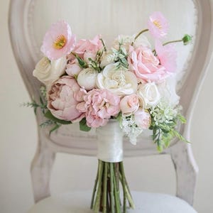 Boho Pink Rose Bouquet for Rustic Weddings - Real-Touch Flowers, Wedding flower bouquet, Beach bouquet, Blush peach bouquet