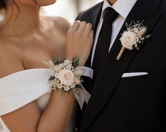 White Boho Wedding Preserved Flowers Boutonniere: Rustic Dried Flower Groom Boutonnières Accessory
