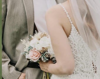 Dusty Pink Boho Wedding Bouquet: Silk Roses, Peonies Baby's Breath