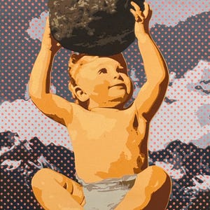 Baby Meatball - obra de arte original - pintada à mão, pintura artesanal - em uma peça de madeira de 15 x 11 - pronta para pendurar