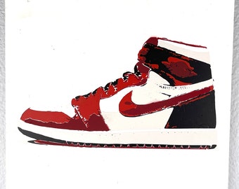 Air Jordan 1 sneaker - Red edition - original, handmade, hand-painted artwork - 11 x 11 on wood board. Ready to hang.