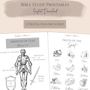 Könnte beinhalten: Digitale Bibelstudien-Vorlagen mit dem Text "Scripture & Study Co." und "Bible Study Printables Instant Download". Die Dateien enthalten Illustrationen der Waffenrüstung Gottes und der Früchte des Geistes, mit zugehörigem Text.