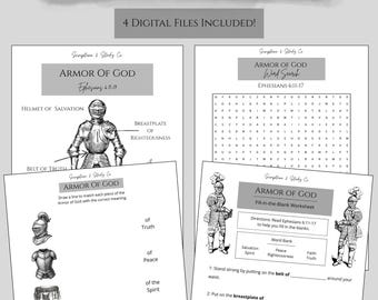 Pack d'étude biblique de l'Armure de Dieu | Feuilles de travail chrétiennes imprimables | Enfants, adolescents et adultes | École du dimanche | École à la maison | Téléchargement numérique