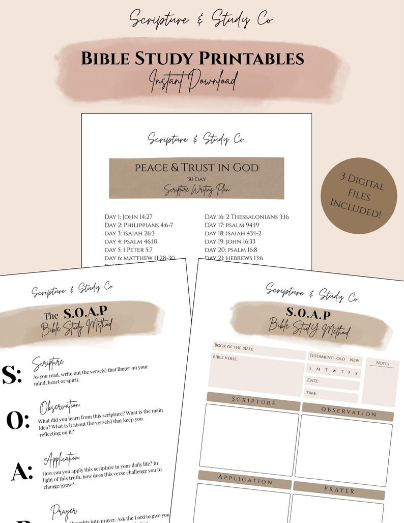 Peut inclure: Imprimables d'&eacute;tude biblique avec le texte "Scripture & Study Co." et "Bible Study Printables Instant Download." Comprend un plan d'&eacute;criture de l'&Eacute;criture de 30 jours et la m&eacute;thode d'&eacute;tude biblique S.O.A.P. 3 fichiers num&eacute;riques inclus.