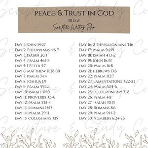 Peut inclure: Un imprim&eacute; beige avec le texte "Peace & Trust in God" et un plan d'&eacute;criture de 30 jours. Le plan &eacute;num&egrave;re les versets bibliques quotidiens, avec des &eacute;l&eacute;ments floraux d&eacute;coratifs en bas et le logo "Scripture & Study Co." en haut.