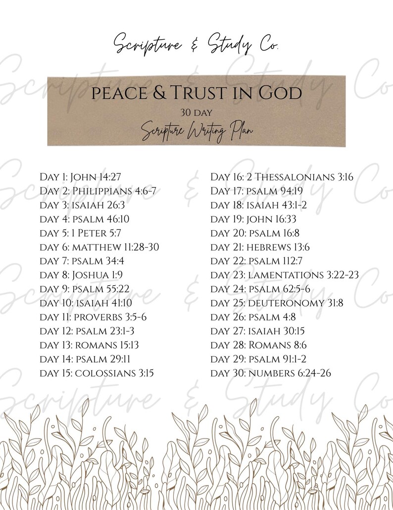 Peut inclure: Un imprim&eacute; beige avec le texte "Peace & Trust in God" et un plan d'&eacute;criture de 30 jours. Le plan &eacute;num&egrave;re les versets bibliques quotidiens, avec des &eacute;l&eacute;ments floraux d&eacute;coratifs en bas et le logo "Scripture & Study Co." en haut.