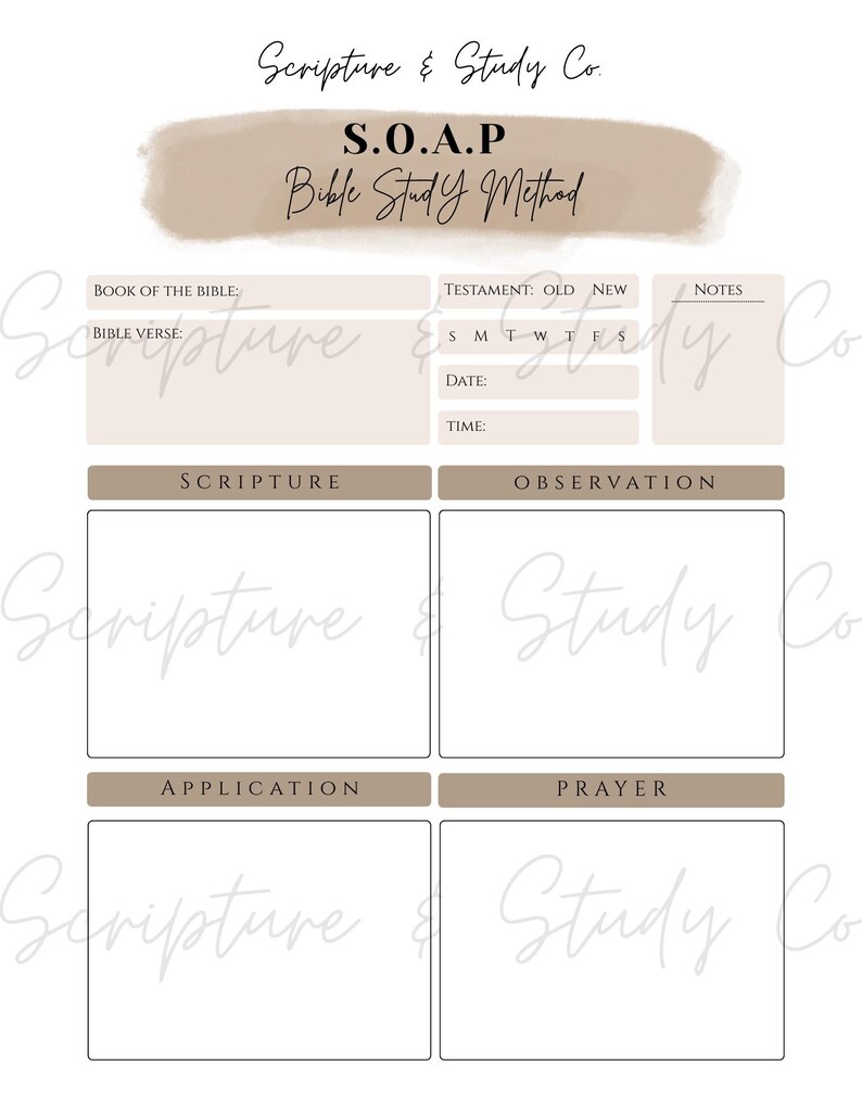 Peut inclure: Un mod&egrave;le d'&eacute;tude biblique beige et blanc avec le texte "Scripture & Study Co." et "S.O.A.P Bible Study Method." Le mod&egrave;le comprend des sections pour l'&Eacute;criture, l'observation, l'application et la pri&egrave;re, avec des espaces pour les notes, les dates et les versets bibliques.