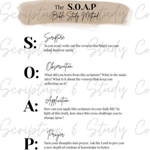 Peut inclure: Graphique blanc et beige avec le texte "Scripture & Study Co." et "The S.O.A.P Bible Study Method." Le graphique d&eacute;crit une m&eacute;thode d'&eacute;tude des &Eacute;critures : &Eacute;criture, Observation, Application et Pri&egrave;re. Le texte est de style manuscrit.