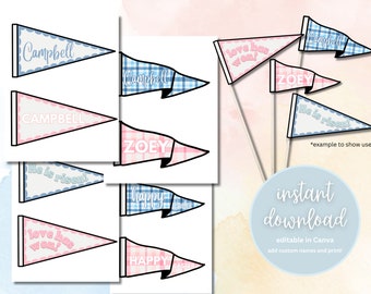 Easter basket pennant flags customizable, pink and blue plaid, Easter printable, digital download, print